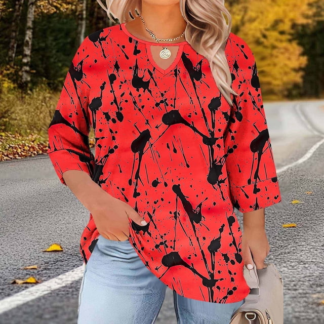 Jacenvly Hauts pour Femmes Liquidation Haut Col Rond Grande Taille pour Femmes avec Découpe avant Manches Trois-Quarts Impression Position Libre Couche de Base T-Shirt Hauts pour Femmes Grande Taille