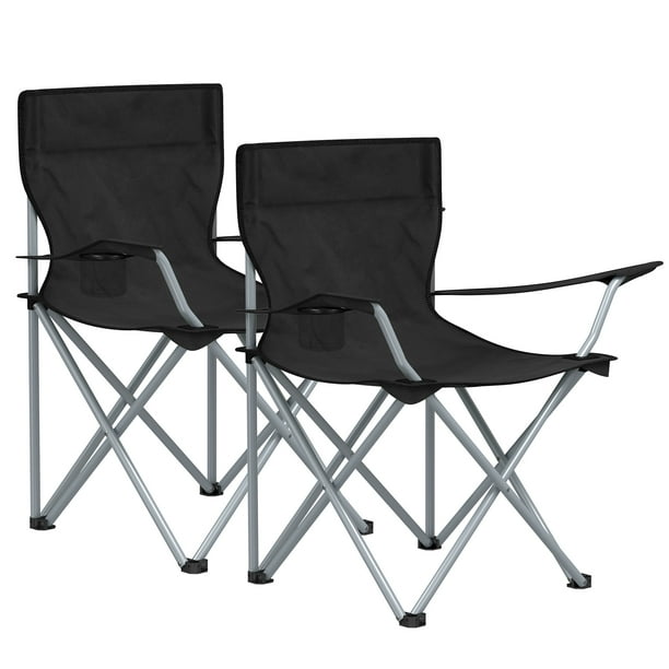 SONGMICS Sillas de Camping, Juego de 2 Sillas de Exterior, Apoyabrazos, Bolsillo para Tazas, Plegable, Carga de 120 kg, Negro MGCB01BK