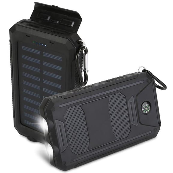 10K mAh Solar Power Bank - Dual USB Ports, Battery Indicators, SOS LED Lights, Compass - Camping  Hiking - Black