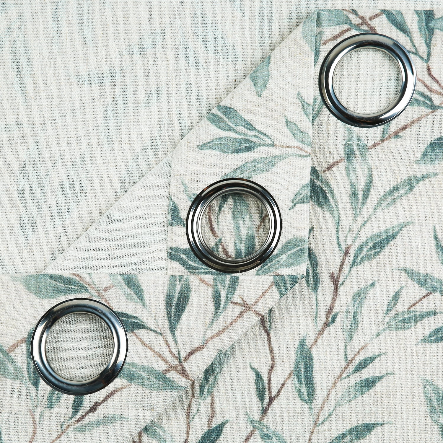 VOGOL Linen Textured Green Leaves Printed Window Drapes, Country Style Light Filtering Curtains for Bedroom, Grommets, W52"xL84", One Panel, Blue