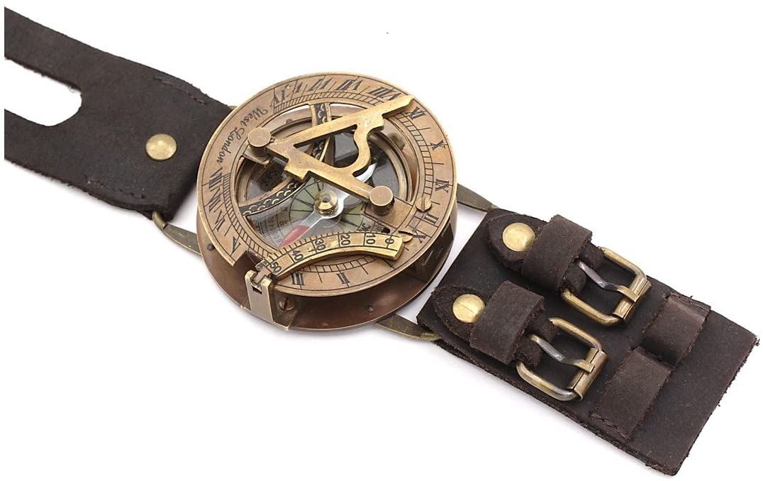 Rii Brand Brass Sundial Wrist Band with Leather Strap Working Compass 2.5"
