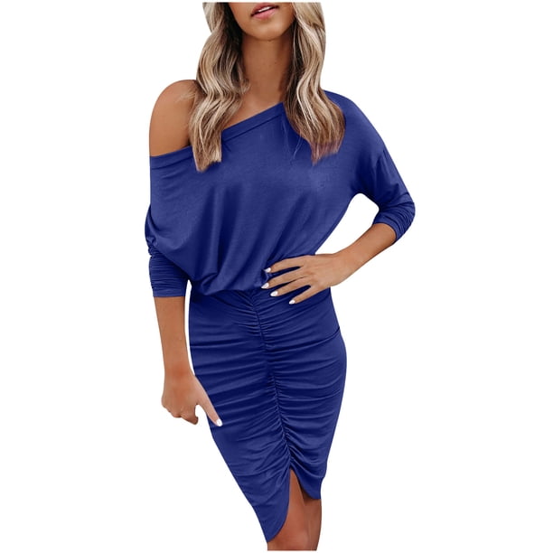 Mujer Moda Temperamento Color sólido Mangas largas Cuello en V Irregular Vestido con volantes Fridja yut6660