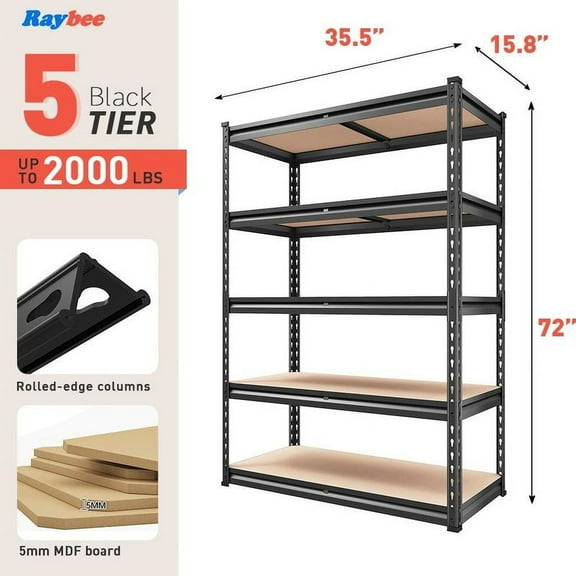 Raybee Garage Shelves Classic 5-Tier Metal Storage Shelving Unit Height Adjustable Versatile Utility Rack for Craft Warehouse Pantry Kitchen Organiser
