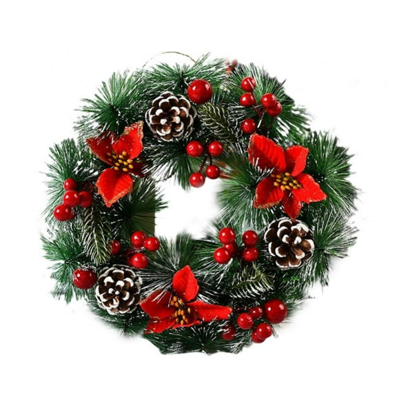 30cm Christmas Wreath with Three Red Flowers, Handmade Flocked Front Door Antique Style Holiday Decor