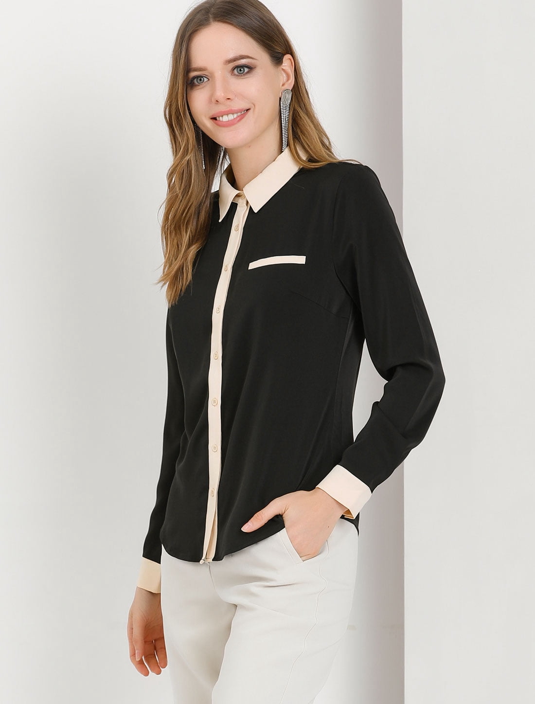 DARING DIVA Women's Color Block Button Down Long Sleeve Work Shirt L Black