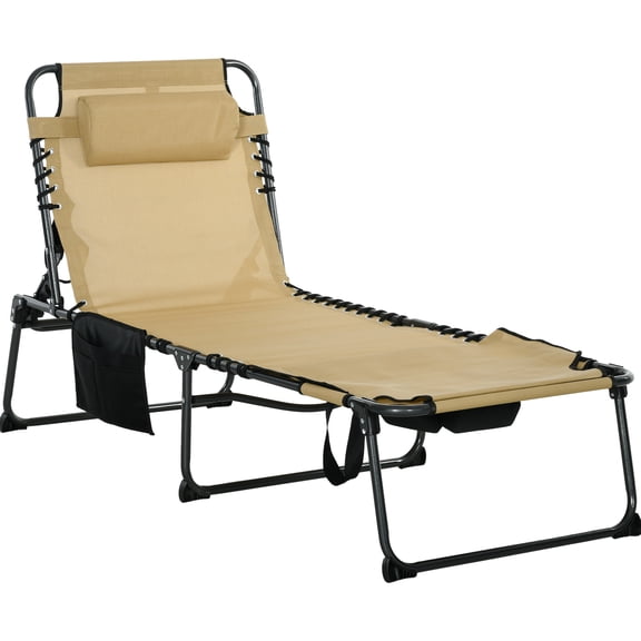 Beach Chair, Bouncy Seat, 5 Reclining Levels, Side Pocket, , Foldable, Beige For Outdoor Fun Sun Chair , Bungee Suspension, Patio, Beach, Yard