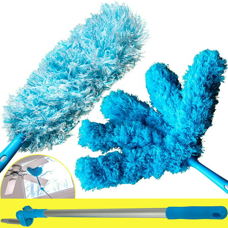Extendable Microfiber Duster With 5ft Lightweight Extension Pole And Pivot Arm. Includes 2 Types of Washable Dusting Heads. Cobweb and Blind Cleaner Attachments Clean Ceiling Fans and Tight