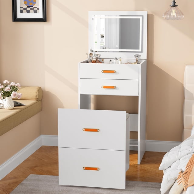 AKDSteel Petite Coiffeuse avec Miroir et Lumières Réglables, Ensemble de Table Rose Compact avec Rangement et Chaise Roulante