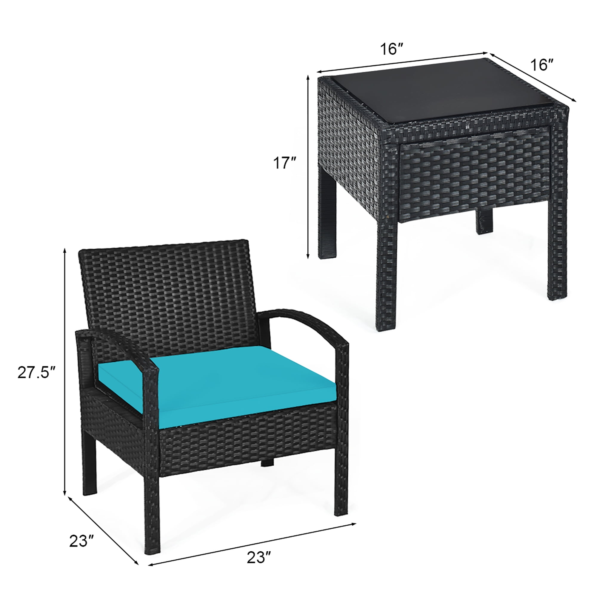 Costway 3 PCS Patio Rattan Furniture Set Coffee Table Conversation Sofa Cushioned Turquoise