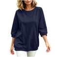 thumbnail image 6 of Stamzod 3/4 Length Sleeve Womens Tops Casual Loose Crewneck Sweatshirt Fall Fashion Dressy Work Blouse Navy L, 6 of 7