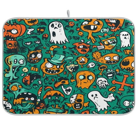 

Cartoon GhostKitchen Drying Mat Heat Resistant Drainage with Non-Slip Rubber Backing Hides Stains Super Absorbent Easy to Clean 18×24in