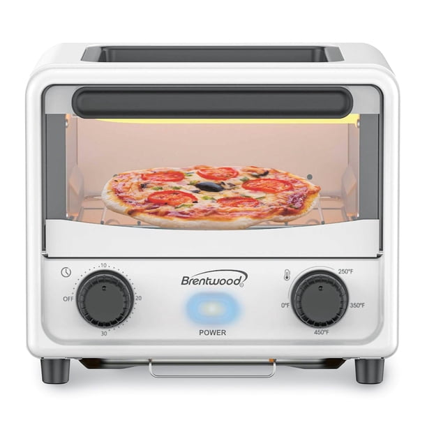 Brentwood - Mini horno tostador y plancha de acero inoxidable de 3 litros con temporizador, temperatura ajustable, bandeja de migas extraíble y mango de tacto frío (blanco)