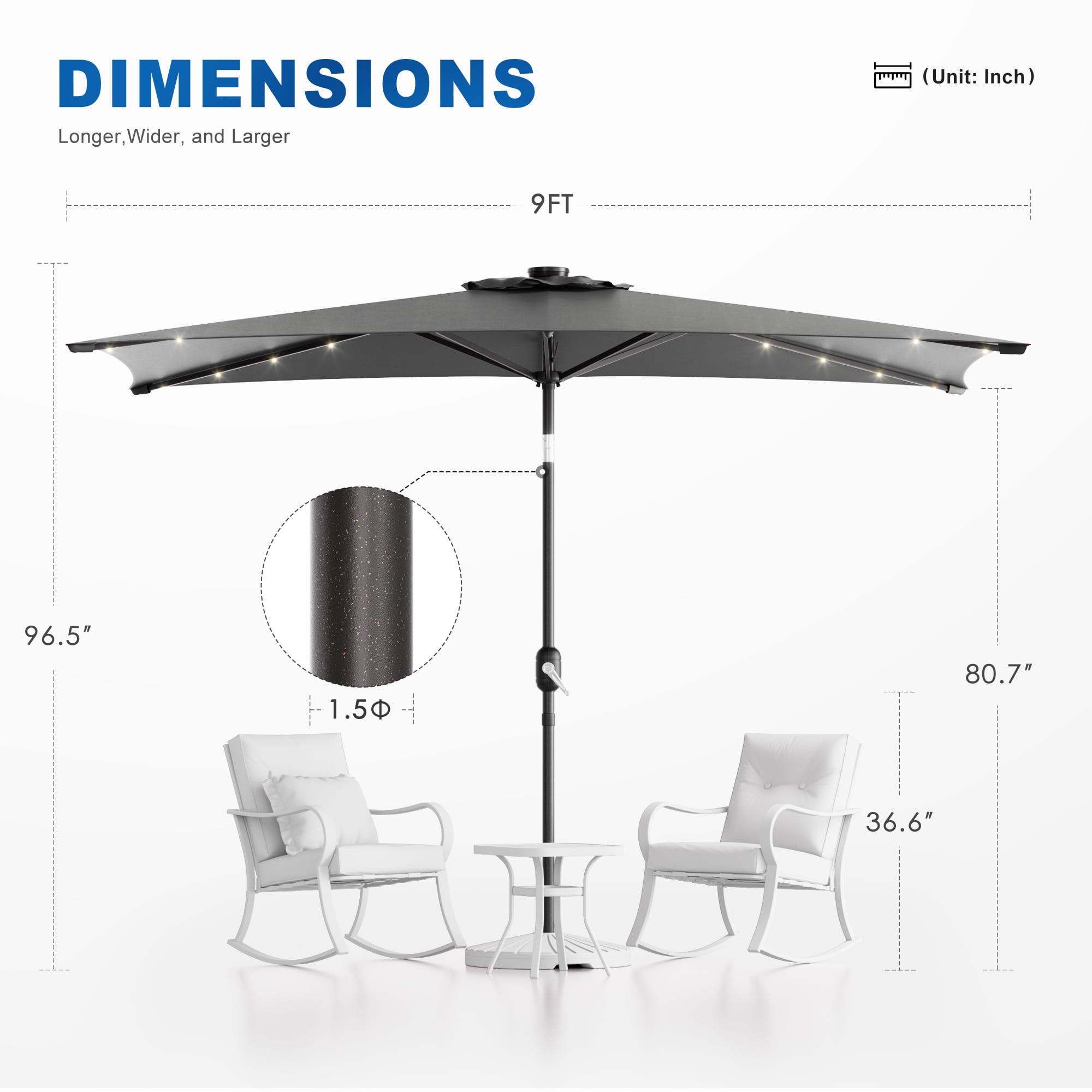 CHYVARY LED Outdoor Patio 6x9ft Deck Solar Light Market Umbrella, Outside Table Umbrellas With Polyester canopy,Gray