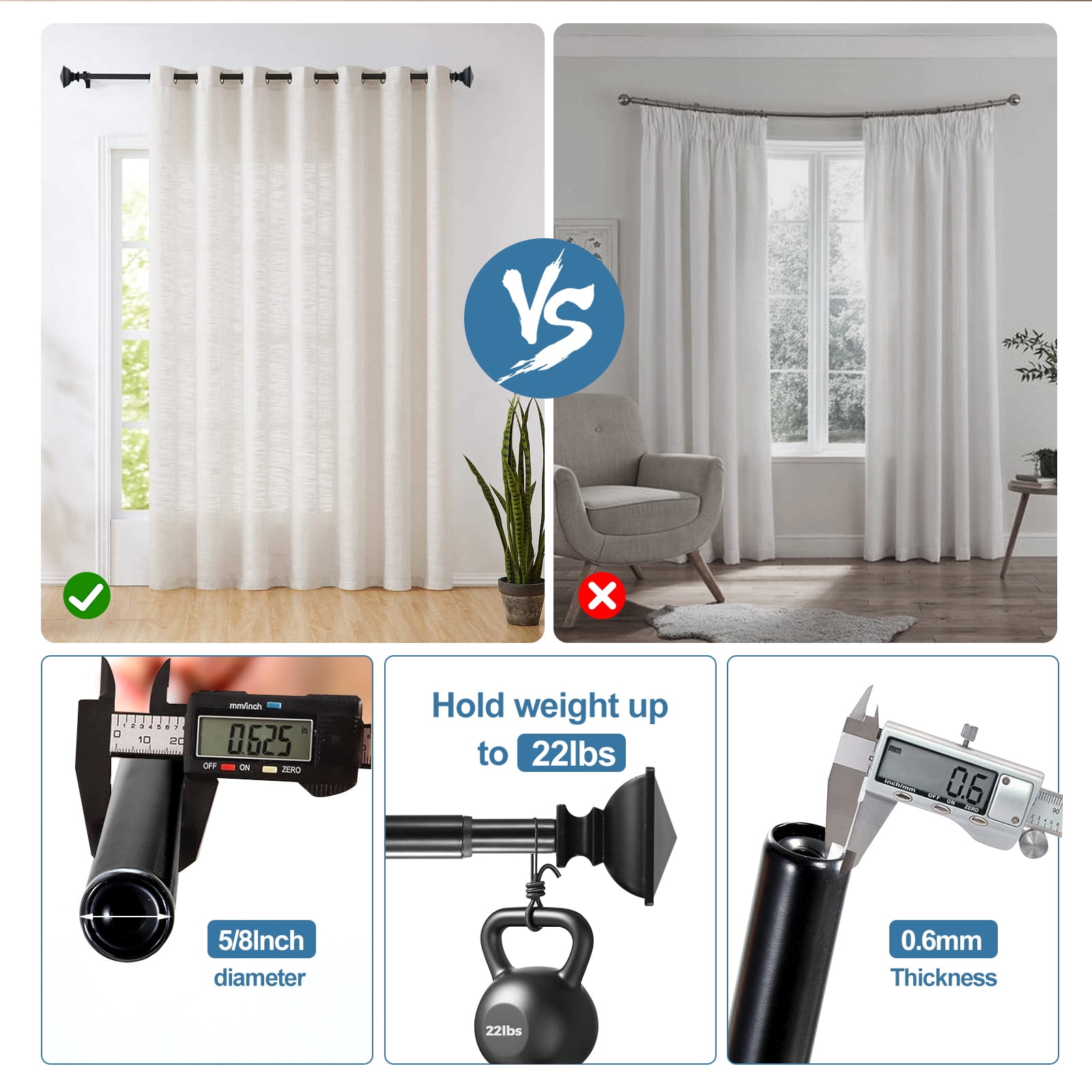 Urbanest Single Curtain Rod with 16 Clip Rings & Decorative Square Urn Finials – Classic Metal Window Drapery Rod Set, Heavy-Duty & Adjustable, 5/8" Diameter, 48" to 84", Matte Black