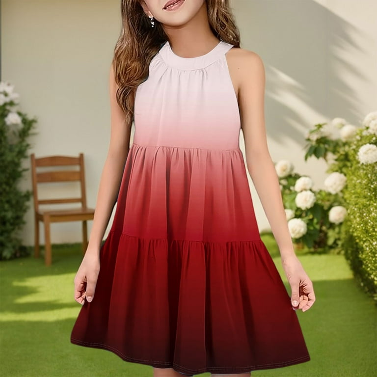 Abcomgle Girls Dresses Size 10-12 Casual Halter Neck Sleeveless Midi Dress  Gradient A-line Sundresses Swing Holiday Dresses 3-4 Years,Wine