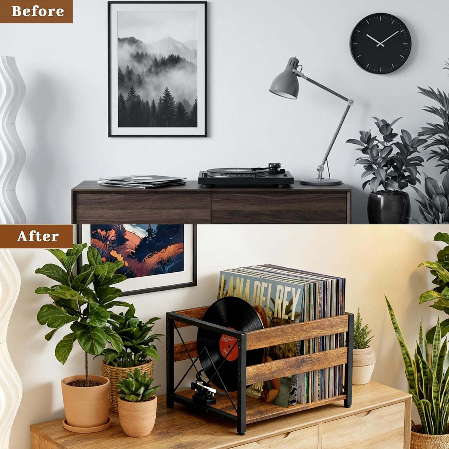 Y&M Vinyl Record Storage Crate, Wooden Storage Box, Classic Cube CD Albums Shelf Holder Organizer, Holds Up to 100+ Records, Magazine Rack for Desktop, Home, Office, Brown