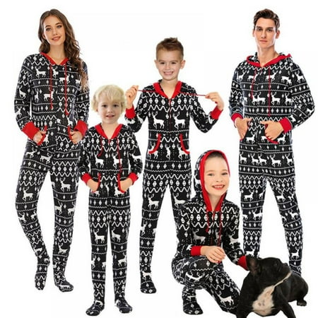 

Popvcly Matching Family Christmas Onesie Pajamas Set Funny PJ Elk Print Sleepwear One Piece Hooded Xmas Loungewear for Women Men