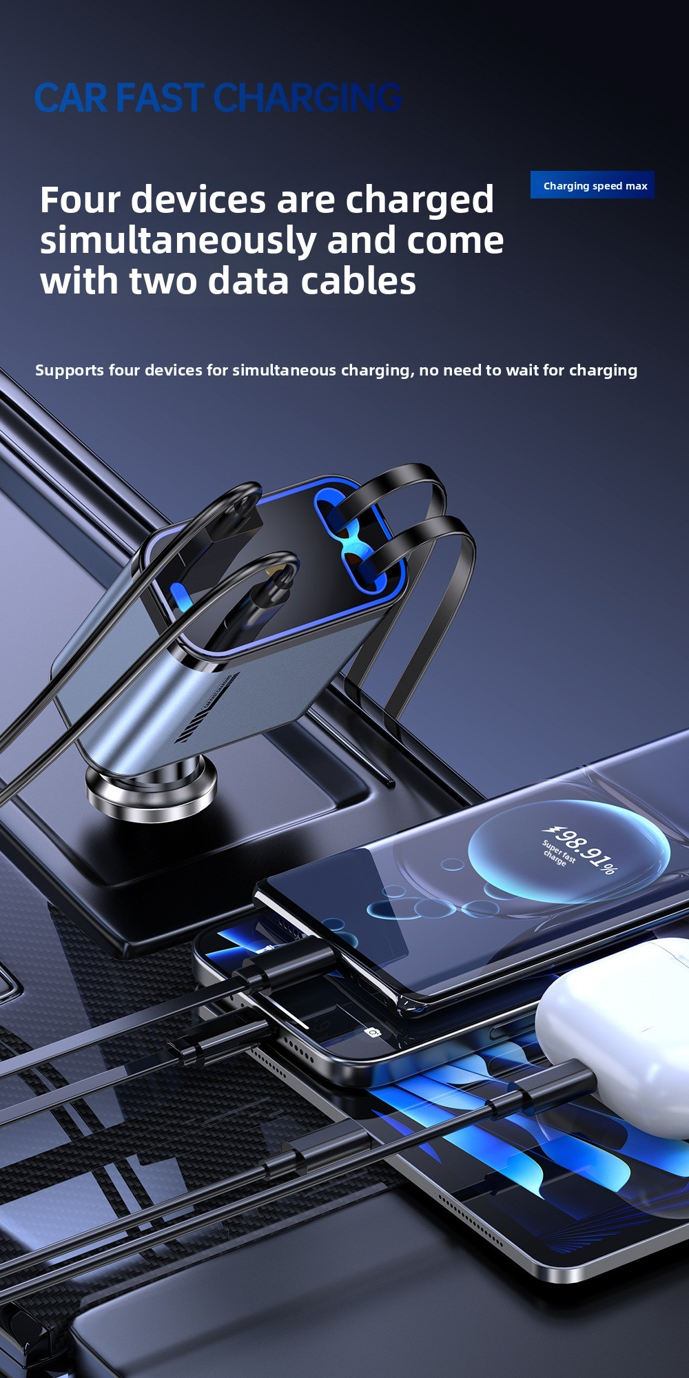 120W USB C Fast Car Charger with PD Quick Charge, 4 in 1 Retractable Cable Cigarette Lighter Car Charger, 180° Rotating Head, for iPhone and Android
