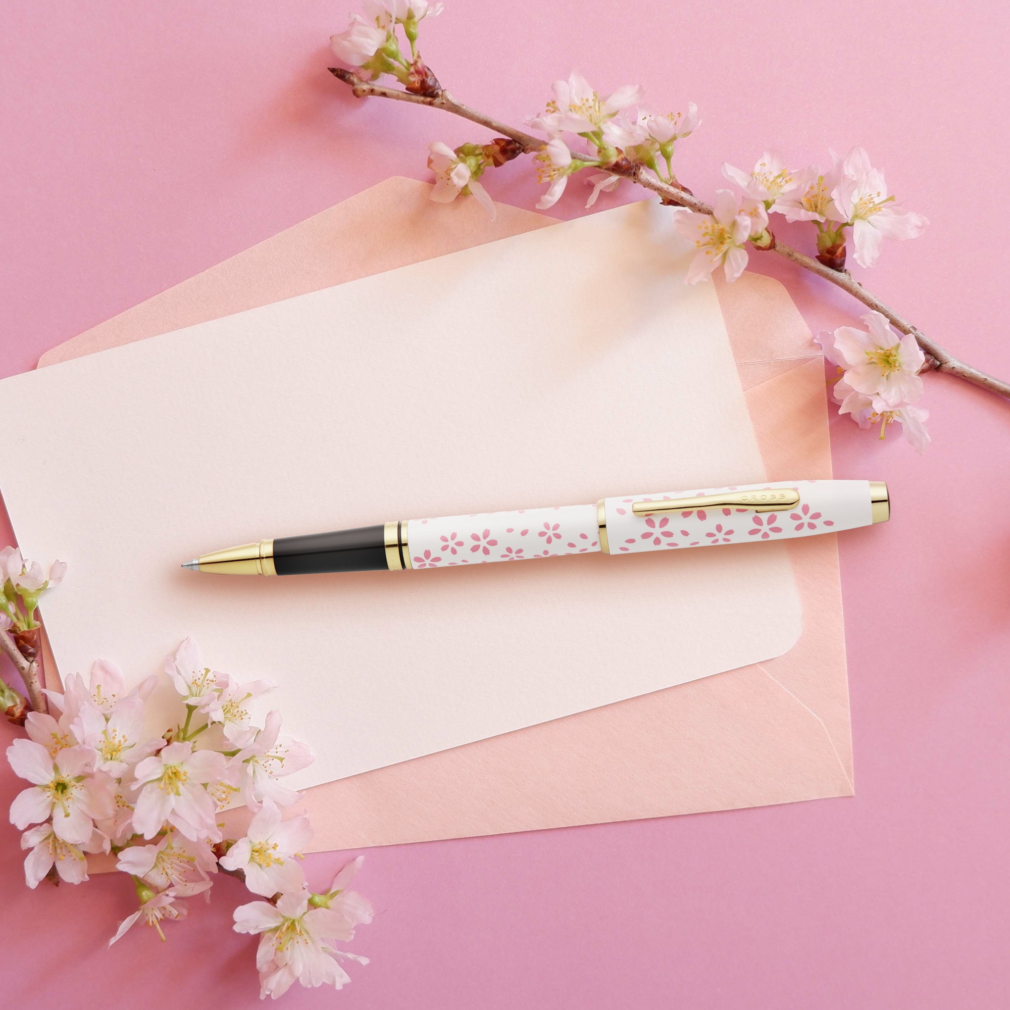 Cross Coventry Cherry Blossom Pearl White Lacquer Sakura Pink Screenprint with Polished Gold Tone Appointments Selectip Rollerball Pen