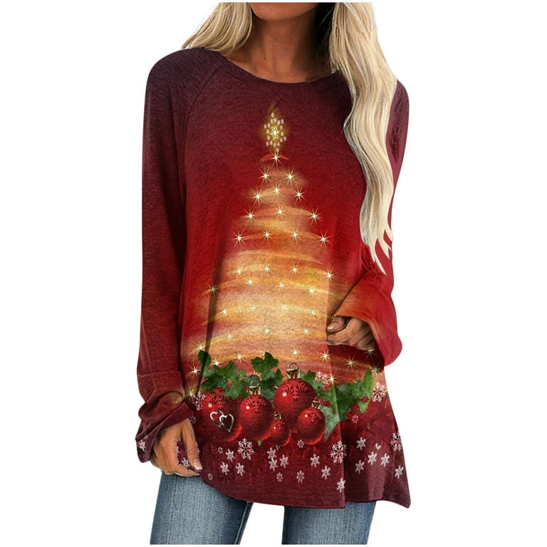 Spring Saving! purcolt 50% Off Clearance!Ugly Christmas Sweater for Women, Women's Sequin Christmas Tree Print Ugly Christmas Sweater Pullover Tops  Funny Holiday Blouse Ugly Xmas Sweater Gift for Women 