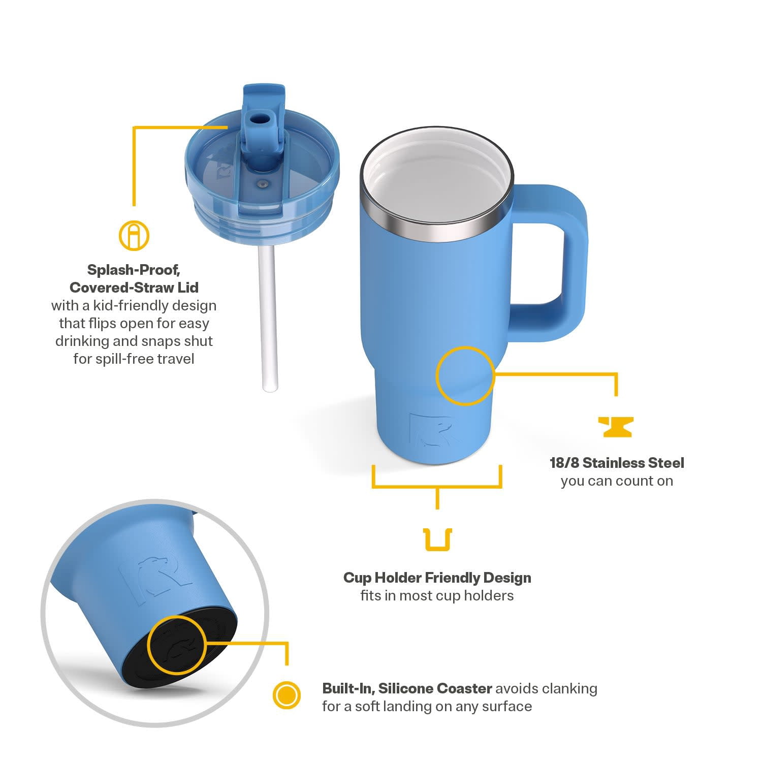 RTIC 16 oz Ceramic Lined Road Trip Tumbler with Handle and Leak-Proof Covered Straw Lid, Denim