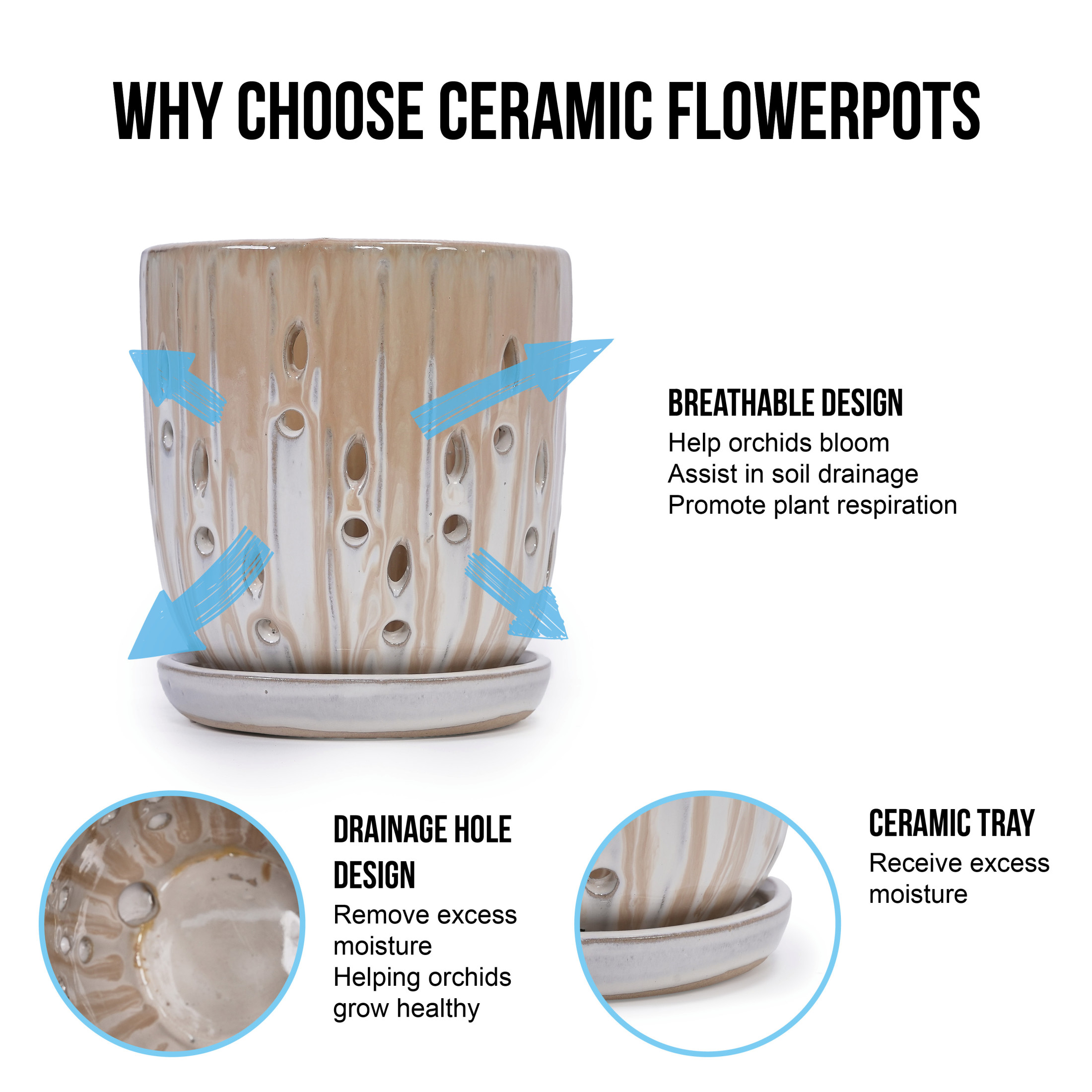Noble House Katherine Striped Ceramic Planter Set, Weather-Resistant Flowerpots with Drainage Hole, Set of 2, Brown + White