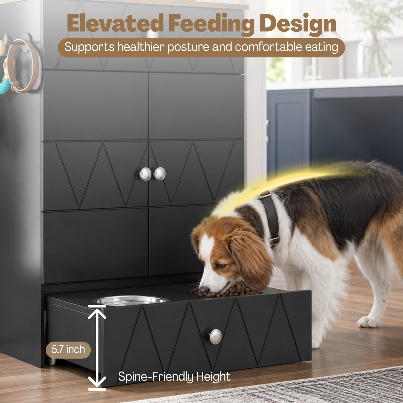 Advwin Pet Feeding Station Furniture with 2 Elevated Dog Bowls, Dog Food Storage Cabinet with Drawer, Adjustable Shelves & Hooks, Black