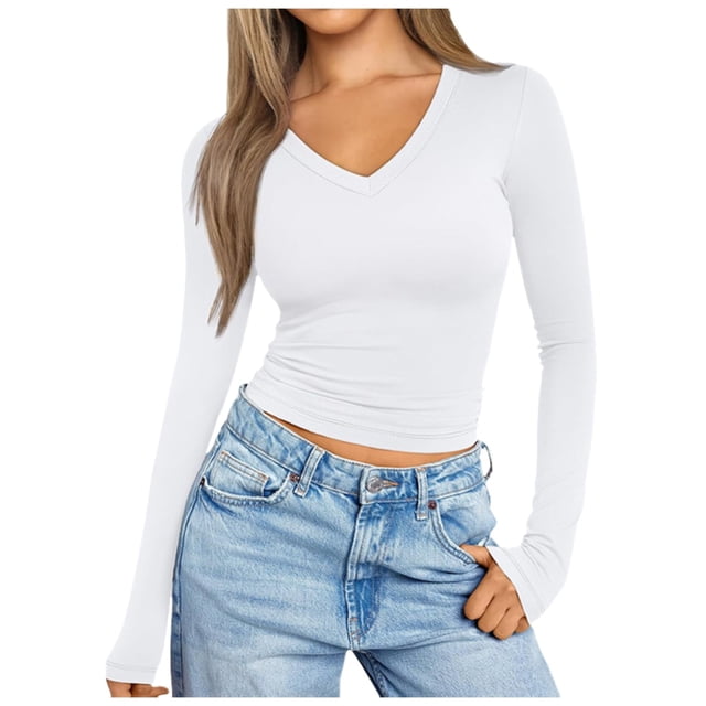 Chemises à Manches Longues pour Femmes Col en V Sortie Ajustée Crop Top Décontracté Mode Automne 2025