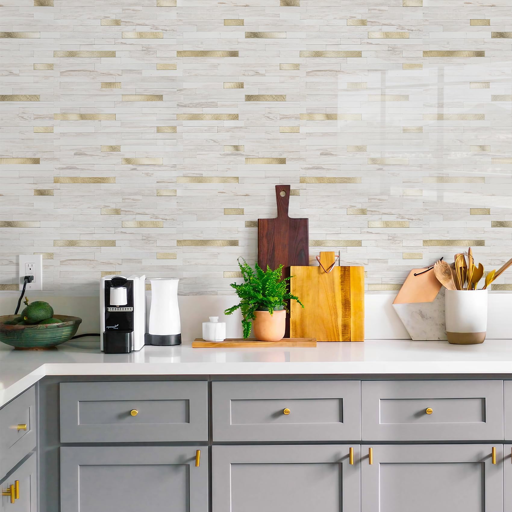 2 Sheets Peel And Stick Backsplash Tile  On For Kitchen Bathroom Glossy Eurasian Wood Grain Pvc Mixed Metal Self Adhesive Wall Tiles