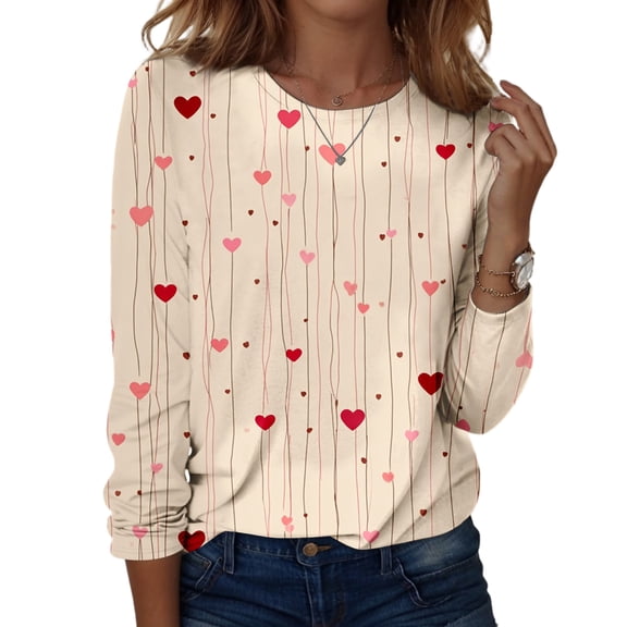 Valentine Day Shirts for Women Long Sleeve Love Heart Print Funny Blouse Crew Neck Plus Size Fashion Graphic Tee Light pink M