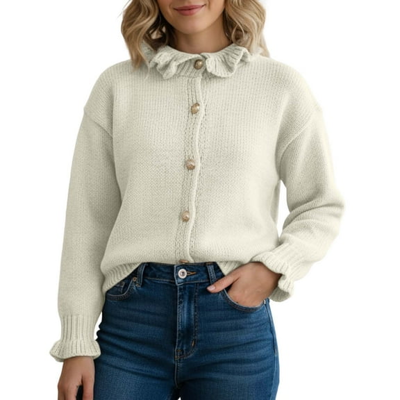 Wang6 Womens Chunky White Cardigan Sweaters Fall Open Front Button Knit Sweater Long Sleeve Knitted Tops Causal Ruffle Neck Solid Outwear White XL