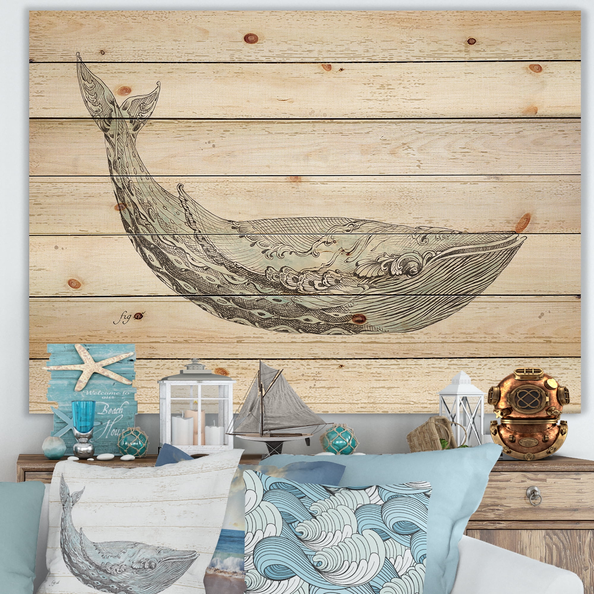 Designart 'Blue Whale Handpainted Watercolor' Nautical & Coastal Print on Natural Pine Wood