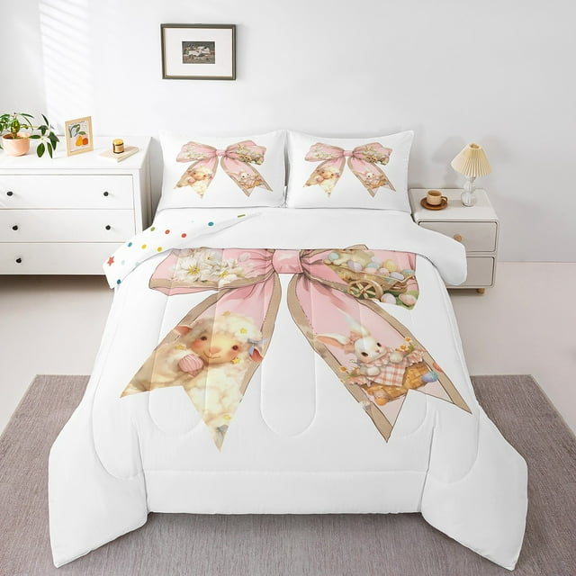 Erosebridal Kawaii Bowknot Bedding Twin Comforter Set,Cartoon Sheep Rabbit Down Comforter,Floral Decor,Reversible,Lightweight,2pcs
