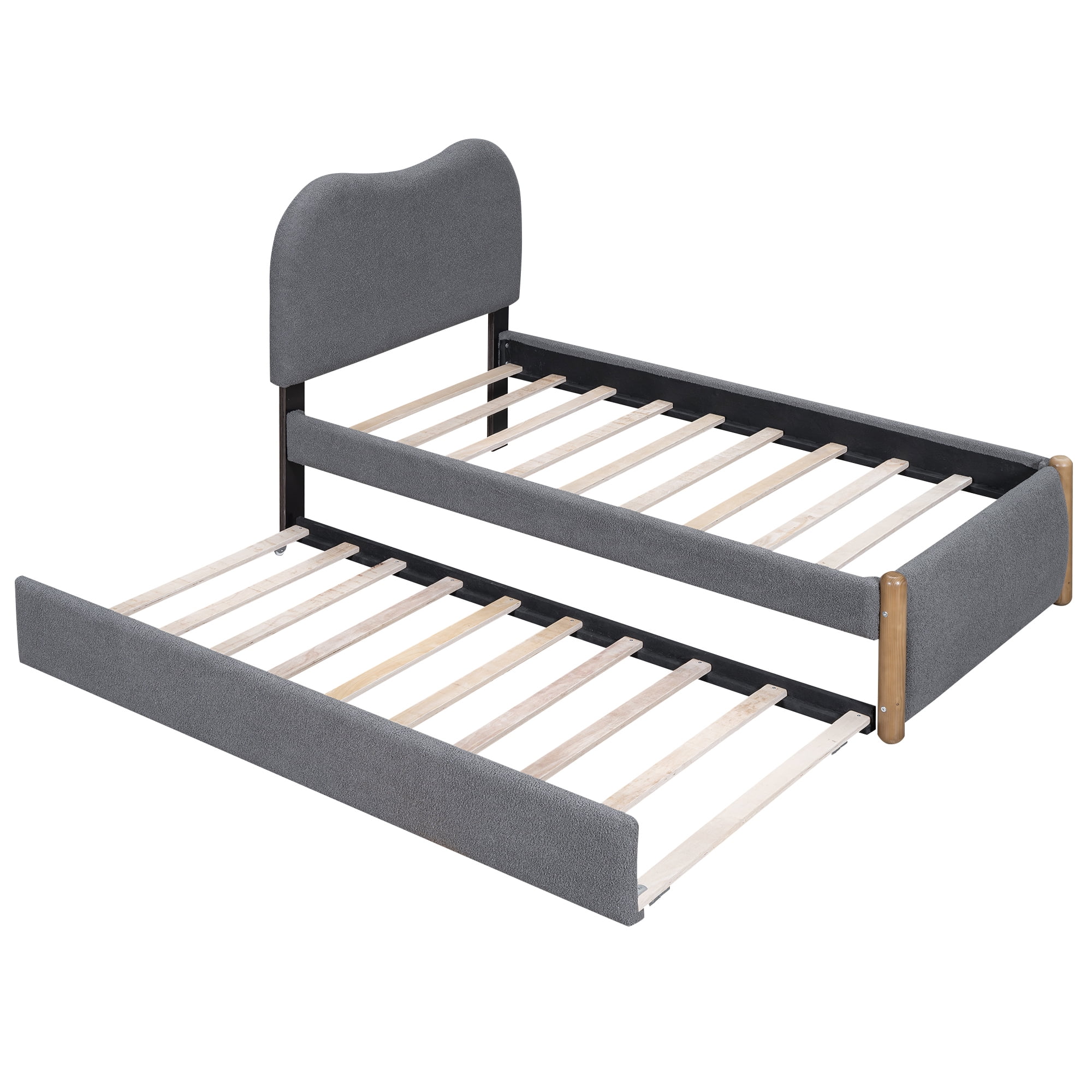 EUROCO Upholstery Twin Size Platform Bed with Twin Size Trundle, Wood Support Legs for Kids, Gray