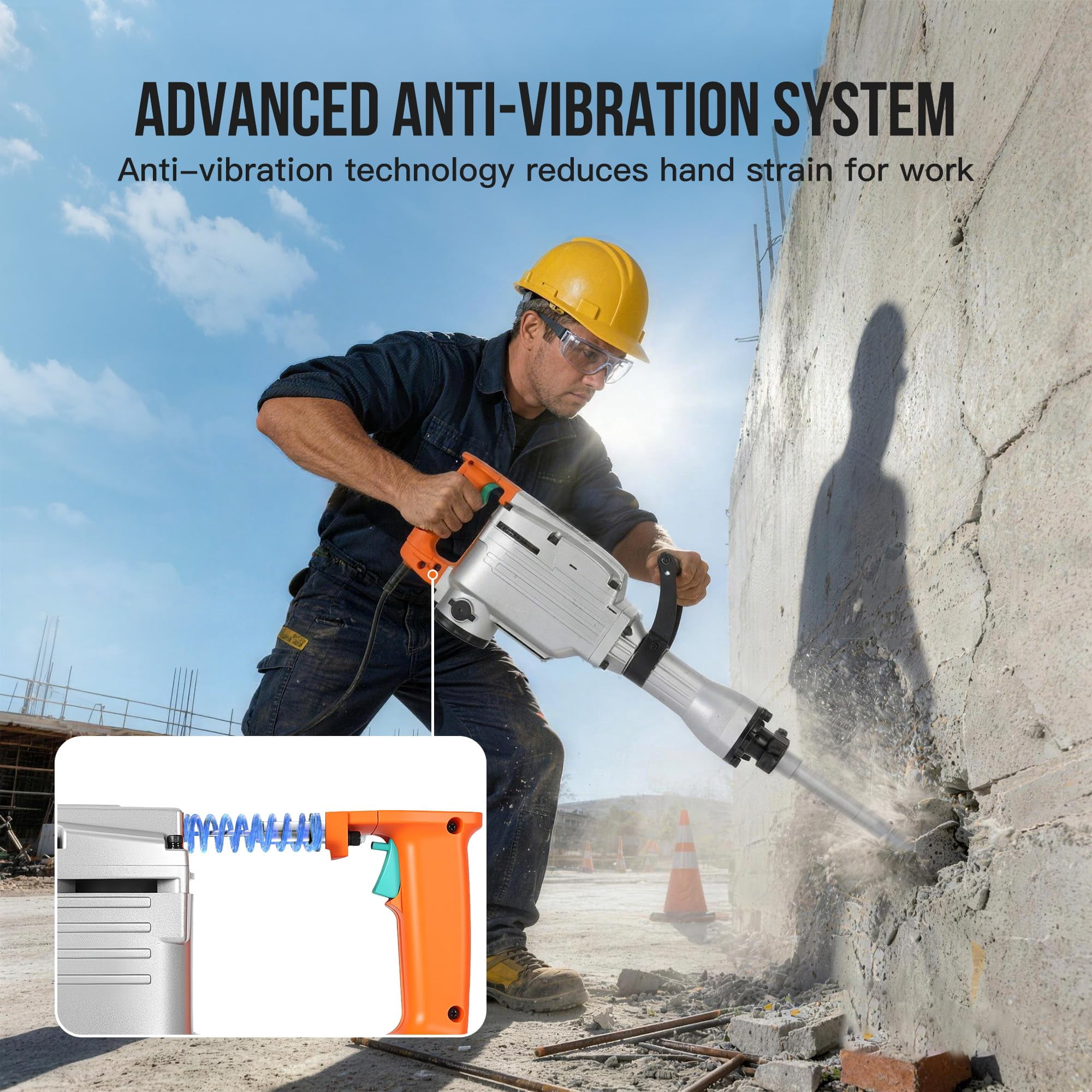 Electric Demolition Jackhammer 1500W Concrete Breaker 1800BPM 50J, Heavy Duty Demolition Hammer with Adjustable Anti-Vibration Handle, Safety Clutch, Carrying Case & 3 Chisels