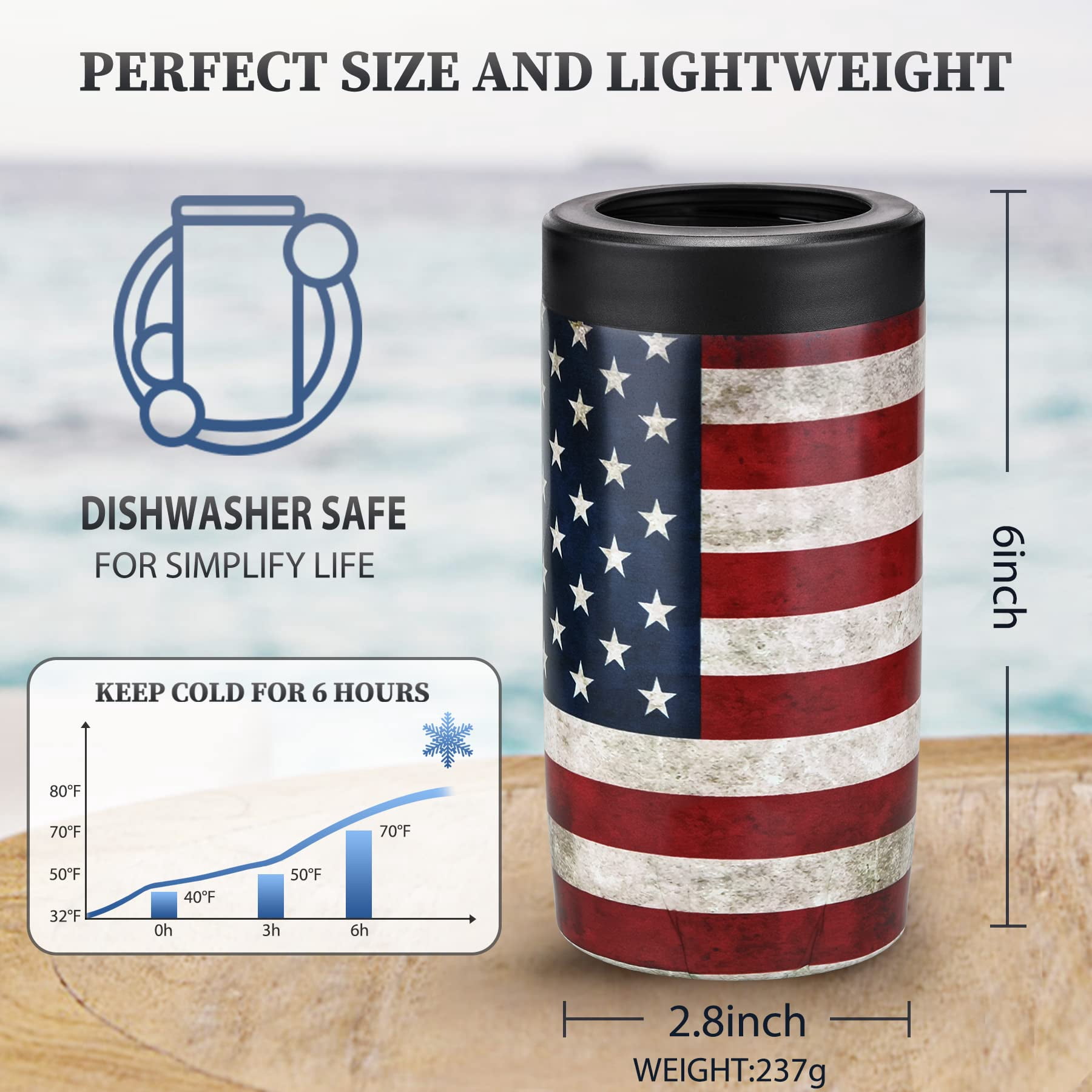 Jslove 4 in 1 Insulated Can Cooler - Universal Size for 12 oz Cans, Slim Cans, and Bottles - America Flag