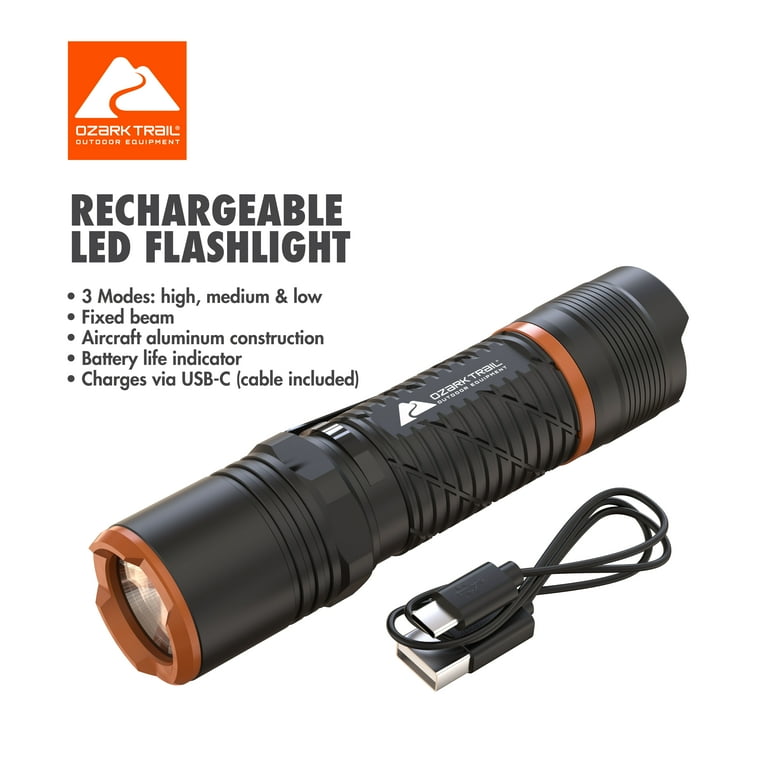 Ozark Trail Rechargeable Tactical LED Flashlight, 1000 Lumen, Ipx4 Water Resistant, 4 Modes, 8 Hour Runtime, Size: 1.18 inch x 1.18 inch x 4.72 inch Ozark Trail Rechargeable Tactical LED Flashlight, 1000 Lumen, Ipx4 Water Resistant, 4 Modes, 8 Hour Runtime, Size: 1.18 inch x 1.18 inch x 4.72 inch