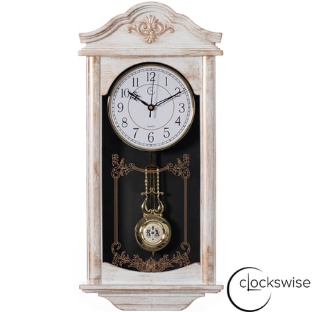 Quickway Imports - Vintage Grandfather Wood- Looking Plastic Pendulum Wall Clock for Living Room, Kitchen, or Dining Room