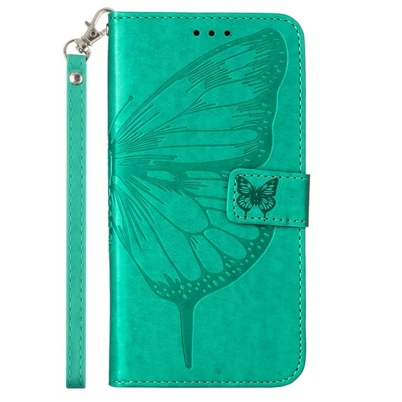 Design for Samsung Galaxy S22 Ultra 6.8 Inch Wallet Case, PU Leather Stylish Butterfly Flower Pattern Shockproof Flip Folio Phone Cover with Kickstand Wrist Strap Card Slots Magnetic Clasp Case,Green