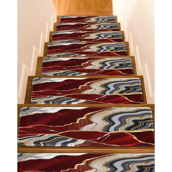 Red Marble Non-Slip Stair Treads for Wooden Steps, 15 Pack-8x30in Carpet Stair Mats with Adhesive Backing, Noise-Reducing Step Covers for Indoor Stairs, Easy to Install & Residue-Free