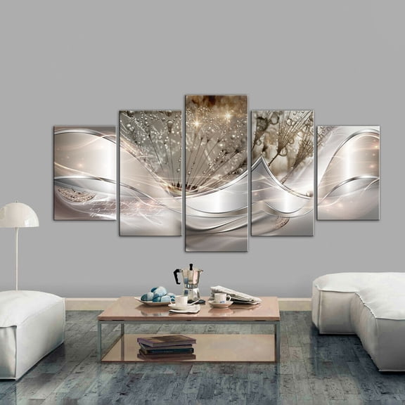 CoreLiving Modern Abstract Silver White Fluid Lines Wall Art 5 Piece Canvas Painting Set for Living Room, Frameless Decor for Bedroom and Office