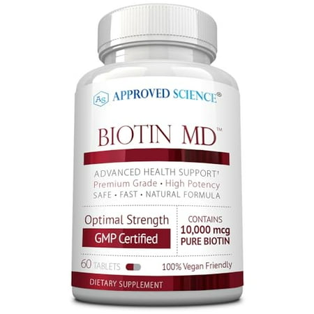 Approved Science Biotin MD – Extra Strength Pure Biotin 10,000mcg for Improved Hair, Skin and Nail Health; 60 Vegan Tablets; Made in USA
