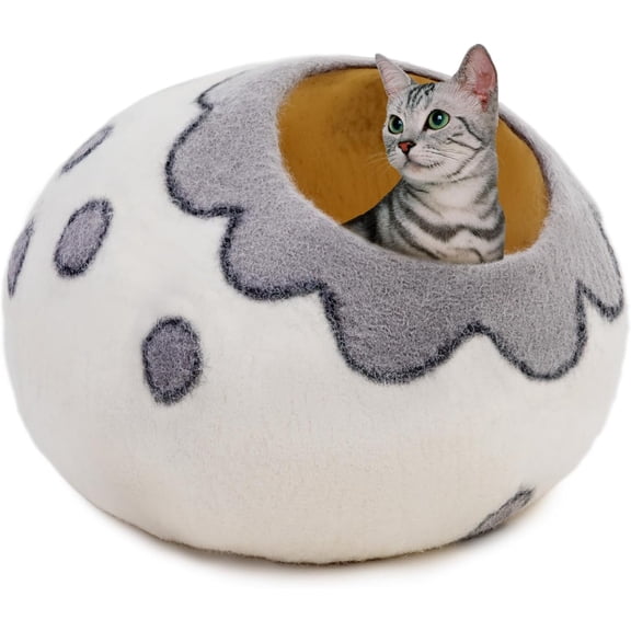 Woolygon Premium Felt Cat Cave Bed Wool Kitty Beds Handcrafted Kitten Caves Bed for Indoor Cats - Made from 100% Eco-Friendly Merino Wool, Foldable Cat Hidewawy Covered Cat House Pod Flower Collar