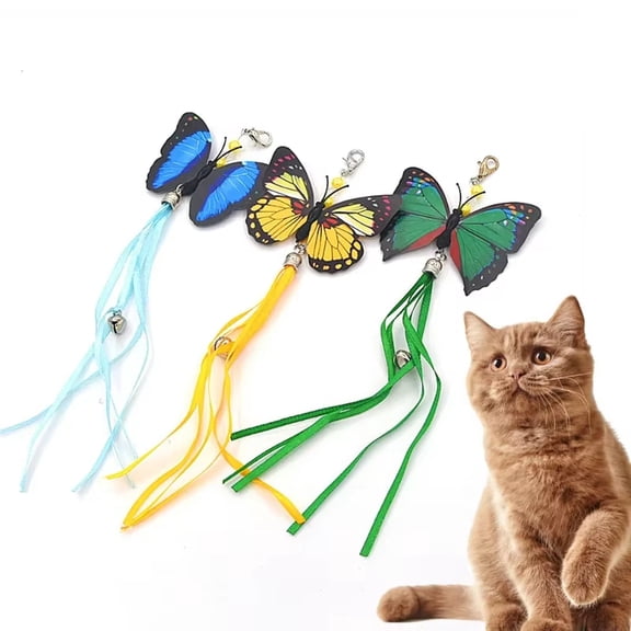 Butterfly Cat Toy Interactive Teaser Wand with Ribbon Streamers and Bell for Indoor Pet Playtime Exercise Training