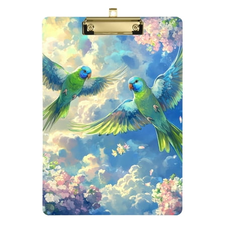 Parrots Flying on Beautiful Sky Acrylic Clipboard Drawing Board with Hook Writing Pad File Storage A4 Size Gold 12.5" x 9"