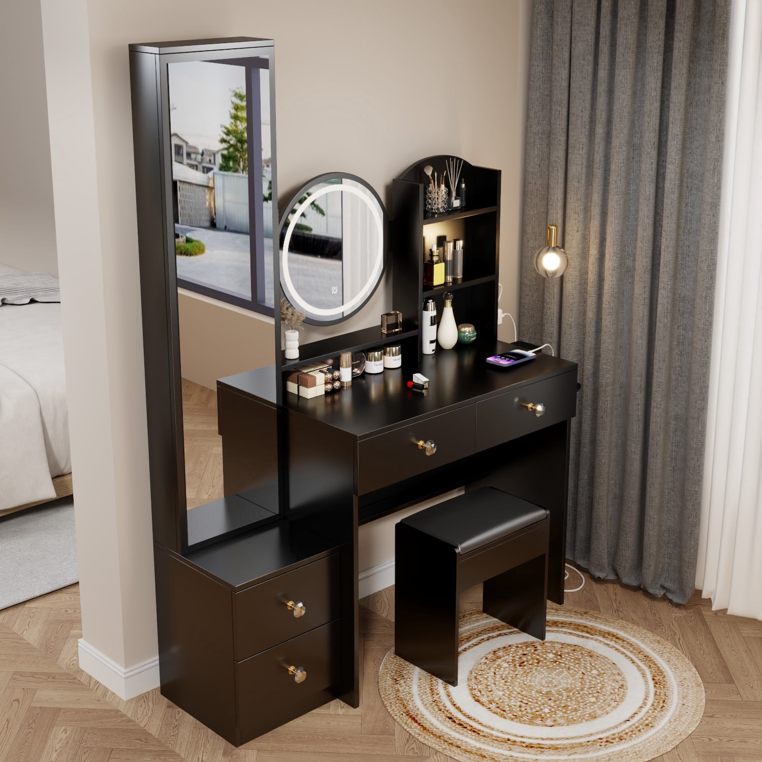 PORKISS Black Makeup Vanity Table Set, Modern Makeup Vanity with Full Body Mirror Cabinet, Power Station and Stool, Wood Vanity LED Mirror with 3-Color Light and Drawers for Bedroom