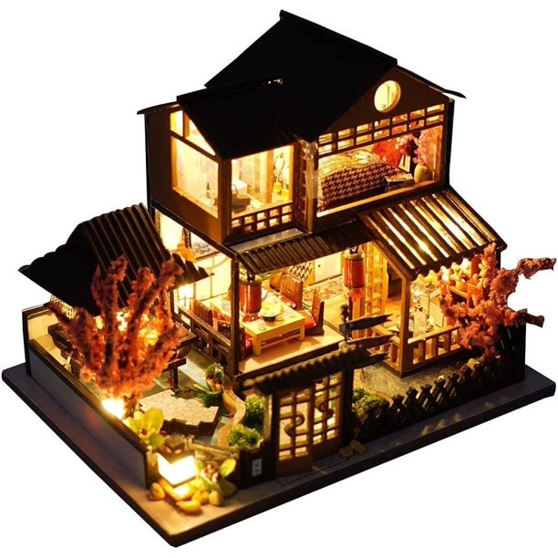 1 casa de muñecas en miniatura de madera/playa/mercado de automóviles, kit de casa de muñecas DIY, modelo 3D, regalos creativos para amigos, padres (estilo villa) brillar Electrónica
