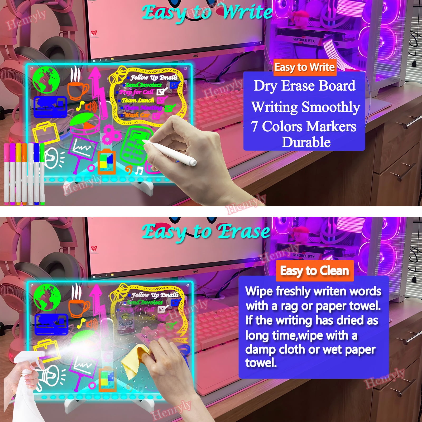 11.8 X 7.9 Inchs 7 Colors Change Acrylic Dry Erase Board, Light up LED Note Board To Do List Desktop Clear Memo Note Board with Remote Control, Glowing Letter Message Drawing Menu Boards
