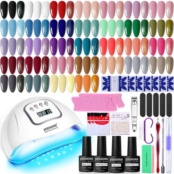JODSONE Gel Nail Polish Kit with U V Light 32 Colors Gel Polish Nail 4 Functional Adhesive Bottles Kit Soak Off Manicure Tools Gifts for Women