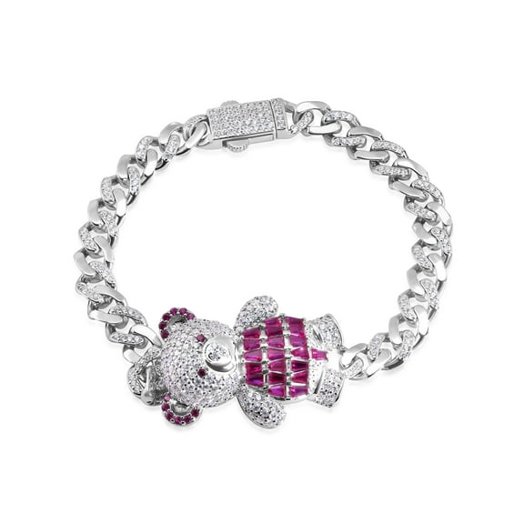 Rhodium Plated 925 Sterling Silver 6.4mm Teddy Bear Baguette Pink CZ Bracelet 7" Jewelry Female